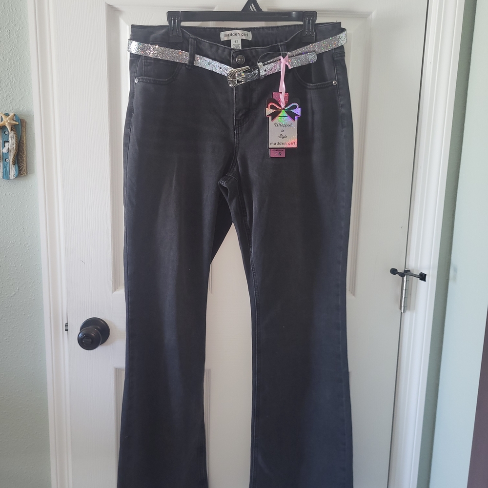 NWT Madden Girl Black Bootcut Jeans with Sparkle Belt
